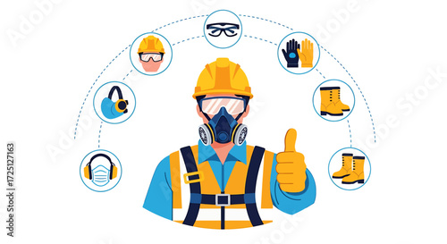 Construction Worker with Safety Gear, Thumbs Up, and Protective Equipment Displayed