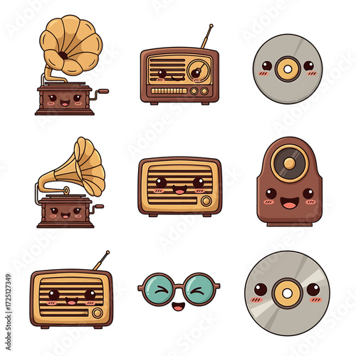 Retro technology kawaii icons set vintage radio, gramophone, and CD disc illustrations
