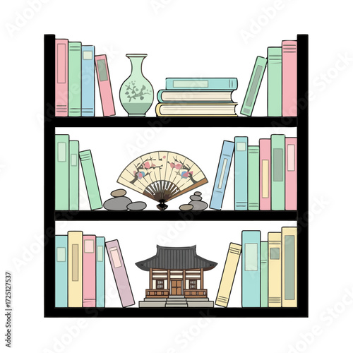 Bookshelf filled with books, vase, fan, and small traditional house, representing knowledge and culture