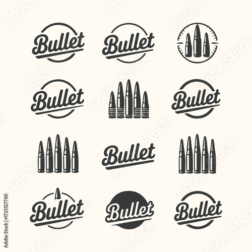 Vector art of collection of bullet icons and emblems with the word bullet in various stylized fonts and designs, isolated on a light background, representing ammunition and weaponry concepts