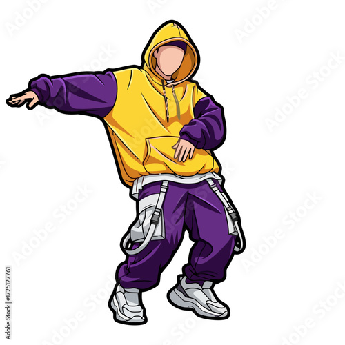 Young man in yellow and purple hoodie and baggy pants dancing hip hop
