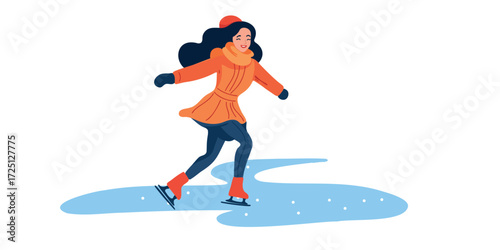 Vector illustration woman ice skating gracefully on frozen lake