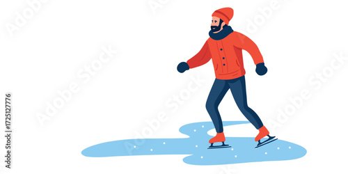 Vector illustration man ice skating alone on frozen lake