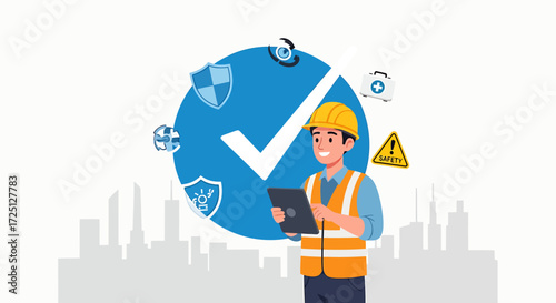 Construction Worker with Safety Icons and Tablet, Smiling with Confidence.