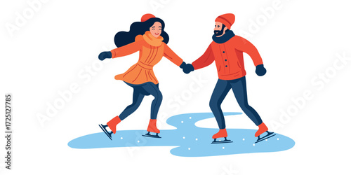 Vector illustration man and woman ice skating together on frozen lake