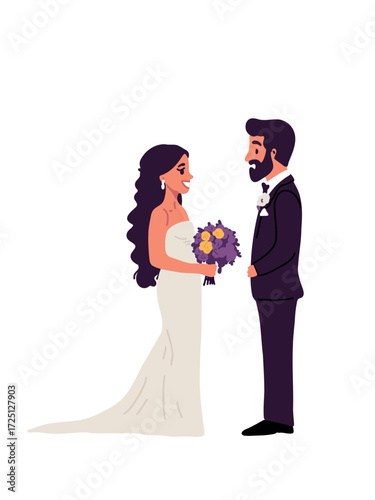 Vector illustration happy couple exchanging vows in cartoon style