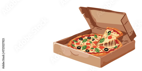Vector illustration delicious pizza slice in takeaway box