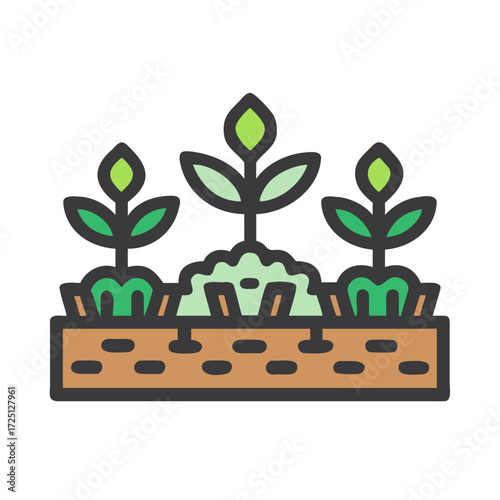 seedlings in garden bed illustration with colorful plants and soil
