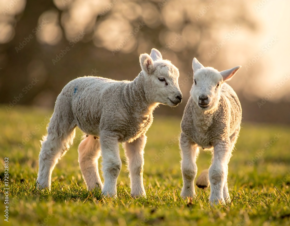 Obraz premium Two lambs frolic in a sunlit pasture