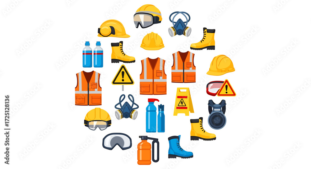 Fototapeta premium Construction Safety Gear: Helmets, Vests, Boots, Masks, and Warning Signs