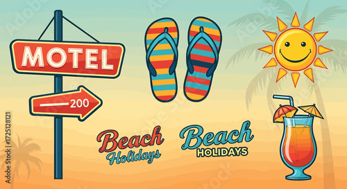 Vintage vector illustration set for a sunny seaside getaway with vacation icons