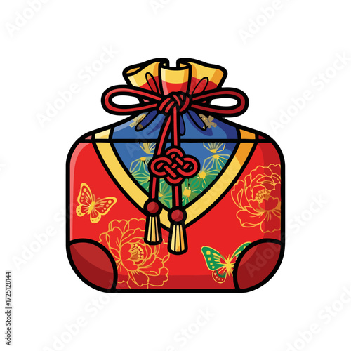 Traditional korean lucky pouch, known as bokjumeoni, adorned with intricate patterns and tassels