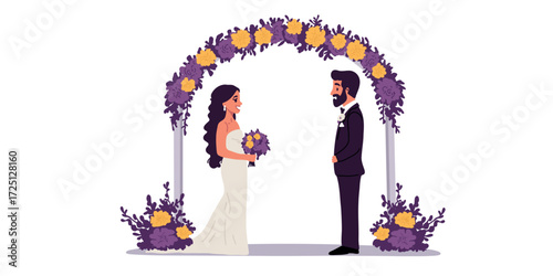Vector illustration bride and groom at wedding ceremony