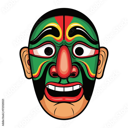 Traditional korean hahoe mask with vibrant green and red face, featuring exaggerated features and wide open mouth, representing historical folk form from korea