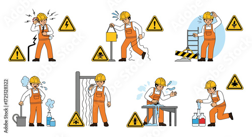 Cartoonish Worker in Various Hazardous Situations with Warning Signs