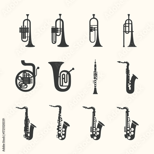 Vector art of collection of various brass and woodwind musical instruments, including trumpets, french horns, clarinets, and saxophones, depicted as black silhouettes against a light cream background