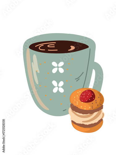 Vector illustration cheerful coffee break with pastry