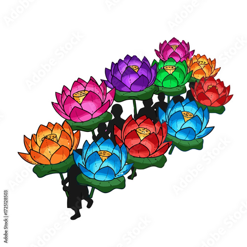 Group people silhouetted, holding and carrying vibrant lotus flower lanterns in various colors