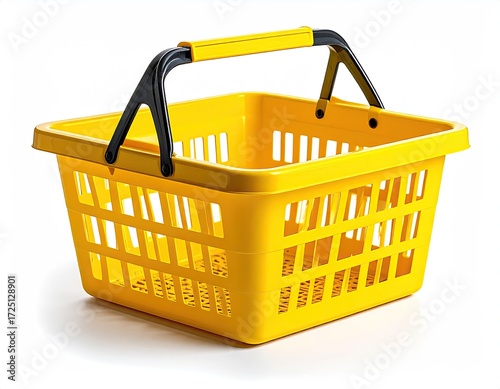 A bright yellow plastic shopping basket with black handles sits on a white background, empty and ready for groceries