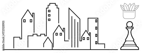 Urban skyline with diverse buildings, a chess pawn symbolizing strategy, and a potted plant for growth. Ideal for urban planning, architecture, strategy, decision-making, sustainability, creativity