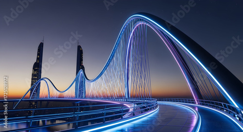 Futuristic Bridge Illuminated By Colorful Neon Lights At Dusk With City Skyline In Background