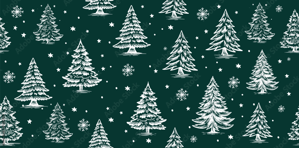 Obraz premium Christmas pattern with tree on blue, hand drawn illustrations 