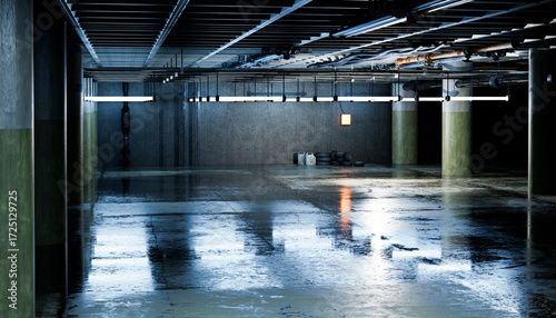Empty underground concrete parking garage with wet floor and fluorescent lights