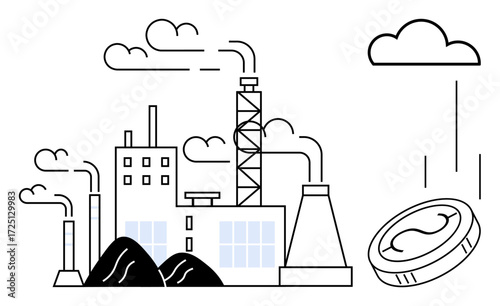 Factory with chimneys emitting smoke alongside coin falling from cloud. Ideal for economy, industry, pollution, environment, energy, investment, climate. Simple flat metaphor