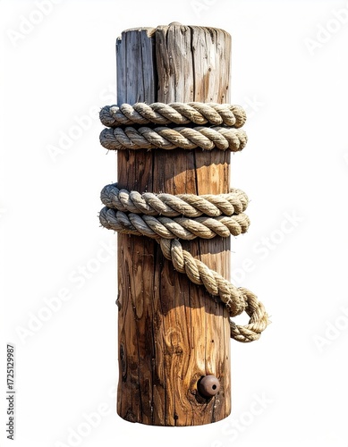 Weathered wooden post, cylindrical, encircled by thick, tan rope; shows age and texture