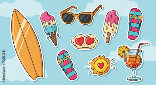 Summer Fun Stickers Vibrant Beach Essentials for a Sunny Getaway and Holiday