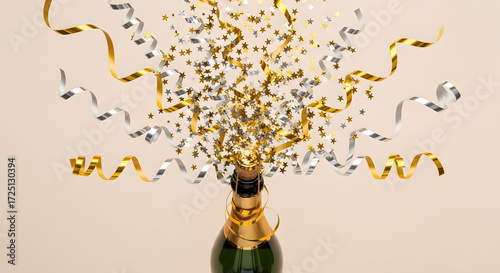 Celebration background with golden champagne bottle, wallpaper, confetti stars and party streamers. Christmas, birthday or wedding concept. Flat lay.