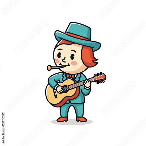 Cartoon musician playing acoustic guitar with a hat and holding a pipe, vintage style