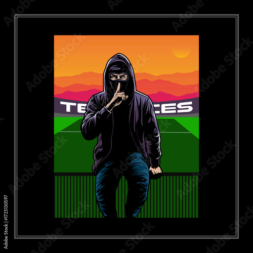 man ultras hooligan casual football passion in iron fence terraces tribune vector design