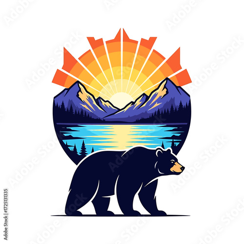 Nature emblem design with a walking bear, mountain range, and a forest lake at sunrise
