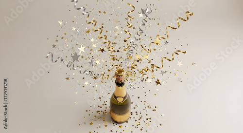 Celebration background with golden champagne bottle, wallpaper, confetti stars and party streamers. Christmas, birthday or wedding concept. Flat lay. 
