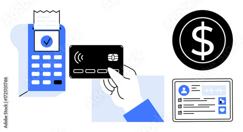 Hand tapping card on payment terminal, receipt checkmark, dollar icon, and ID data on screen. Ideal for finance, e-commerce, technology, payment security online banking retail business. Simple