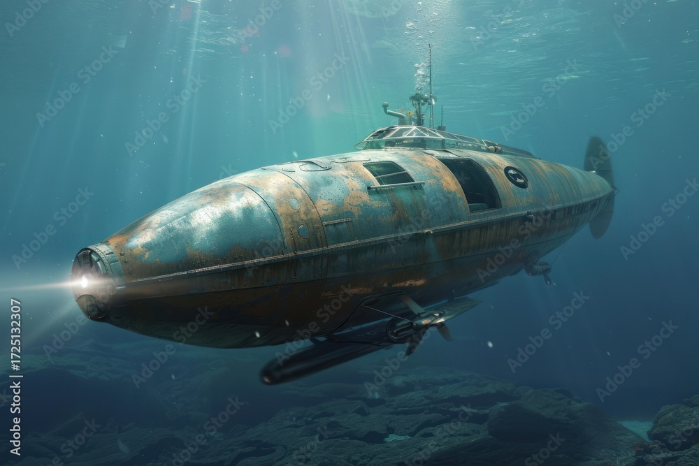 Fototapeta premium Rusty submarine exploring dark ocean floor, with headlight illuminating the way