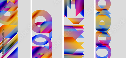 Abstract colorful patterns displayed vertically. Bright gradients, geometric shapes, modern design elements dominate composition.