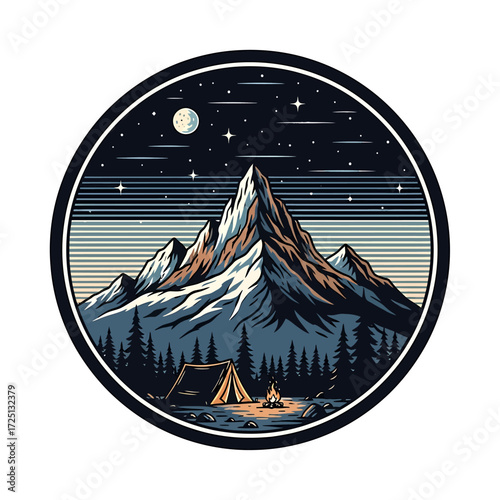 Stylized vector illustration of a tranquil mountain campsite under a starry night sky