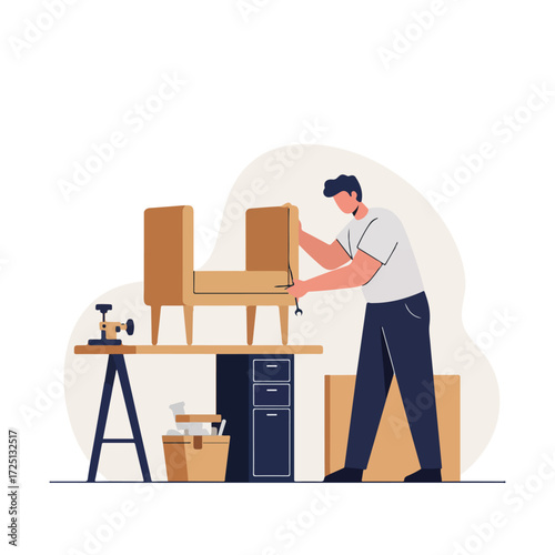 Person repairs an armchair at a work table with tools in a bright workshop