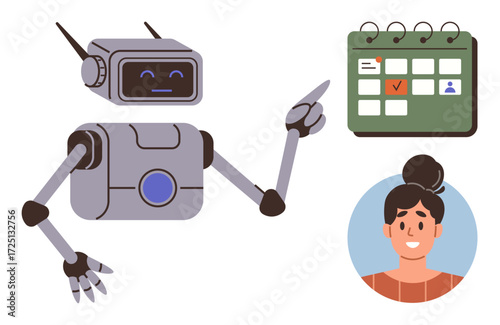 Robot pointing to a marked date on a calendar, assisting a smiling woman. Ideal for automation, task management, productivity, personal assistance, technology in daily life, future concepts, simple