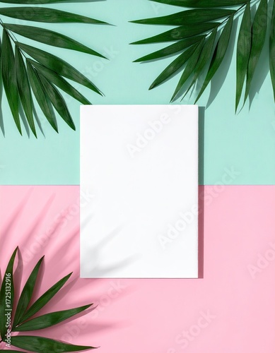 Blank white card centered on pastel pink and mint background, adorned by tropical palm fronds casting shadows