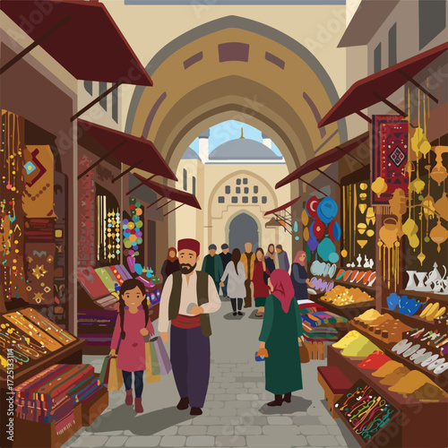 Busy marketplace scene with shoppers, merchants, colorful merchandise