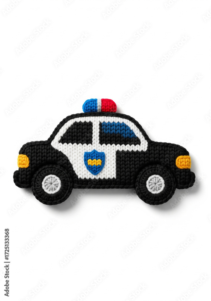 Fototapeta premium Charming handmade knitted police car toy with black and white design, vibrant red and blue roof lights, suitable for children's imaginative play or unique home decor
