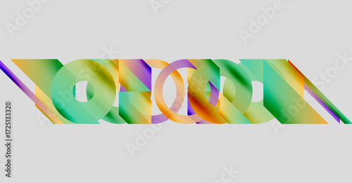 Abstract colorful design. Overlapping shapes create dynamic visual effect. Gradient hues blend, forming modern composition.