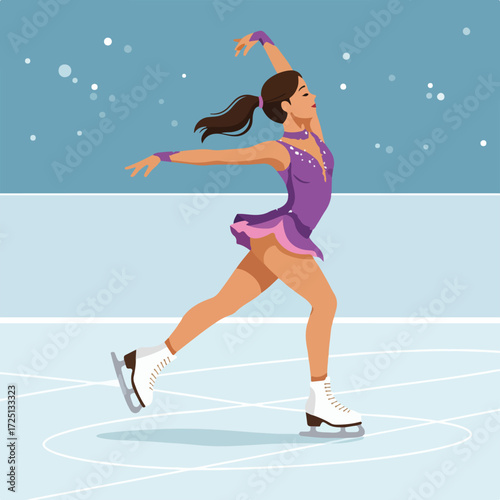 Figure skater in purple dress mid-spin on ice rink under falling snow