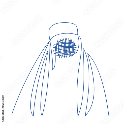 Stylized woman in burqa drawn with a single continuous blue line. Minimalist vector illustration reflecting modesty, tradition, and cultural identity