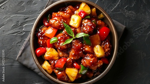 Sweet Sour Pork with pineapple chunks bell peppers glossy sauce in a porcelain bowl Chinese cuisine top view