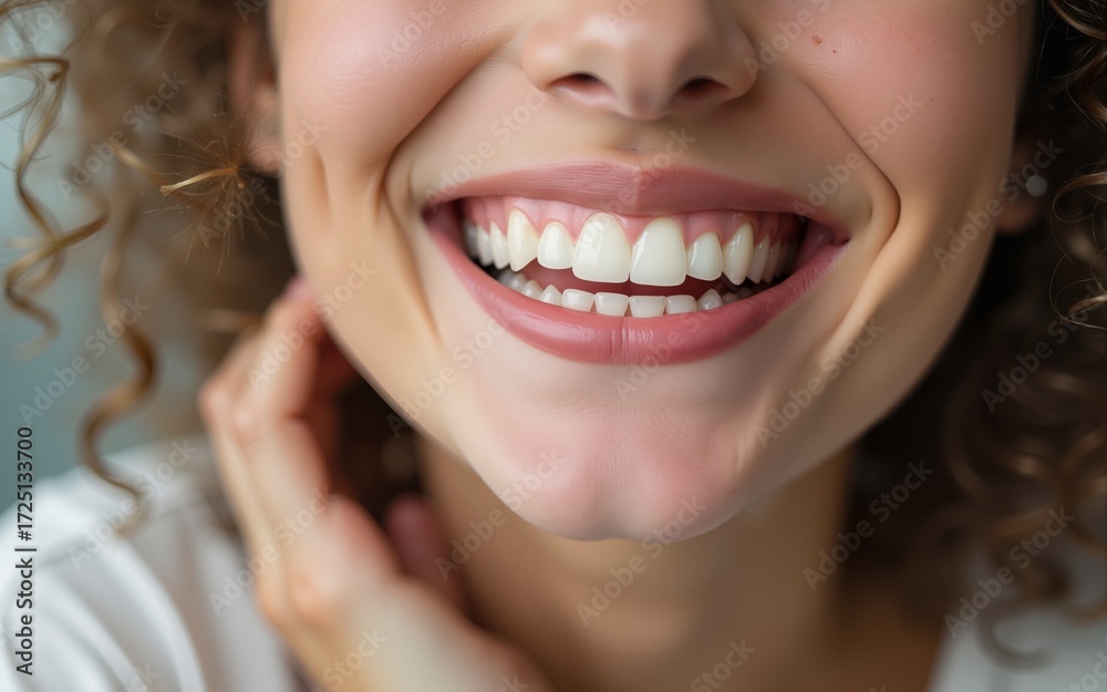 Obraz premium Close up portrait of smiling toothy young she her woman gesturin. High quality