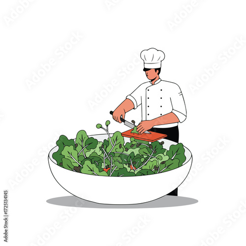 Cook in uniform chops salad atop filled bowl, orange board